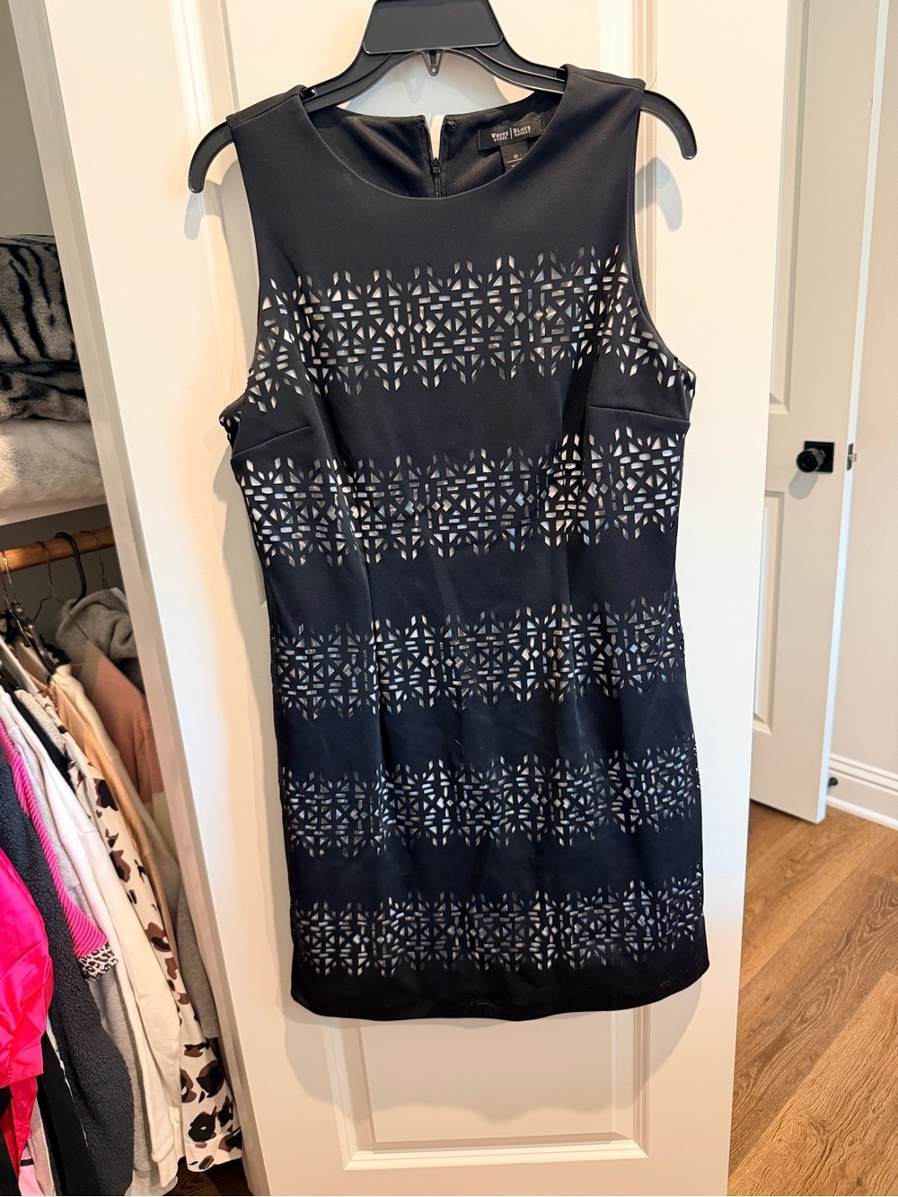 White House Black Market Black Laser-Cut Sheath Dress with Contrast Underlay
